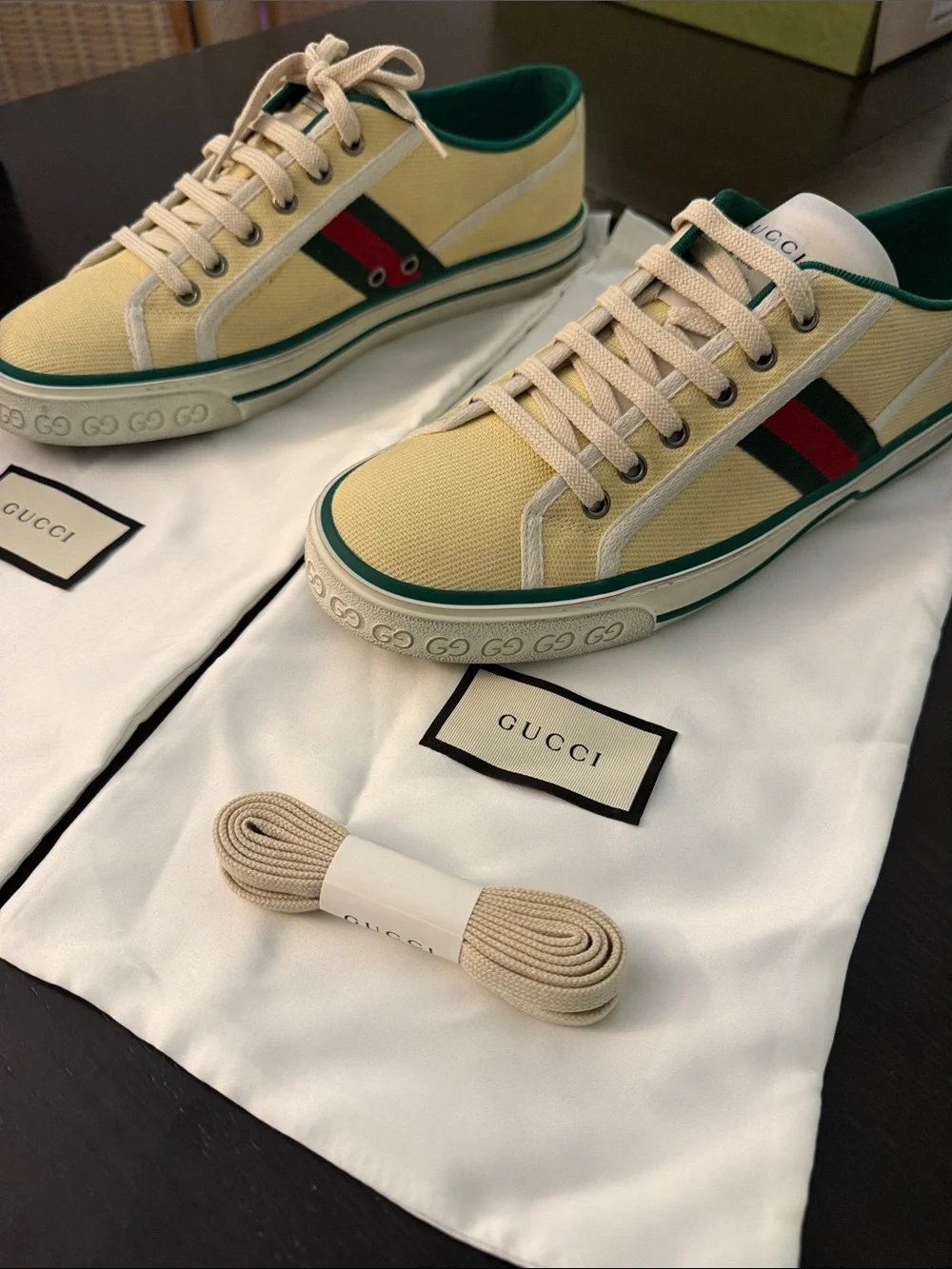 Gucci Men’s Pale Yellow Canvas Low-Top Sneakers with Green & Red Web